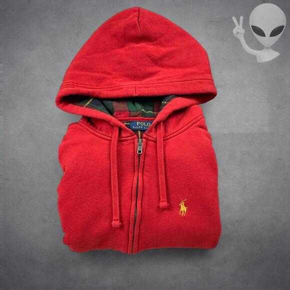 Polo Ralph Lauren Zip Hoodie Small Red Plaid Lined Vintage Jacket Y2K Gold Pony - Picture 6 of 6